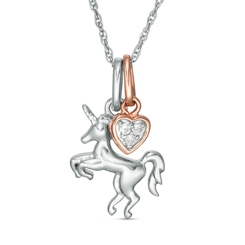 0.04 CT. T.W. Diamond Unicorn and Heart Charms Pendant in Sterling Silver and 10K Rose Gold|Peoples Jewellers