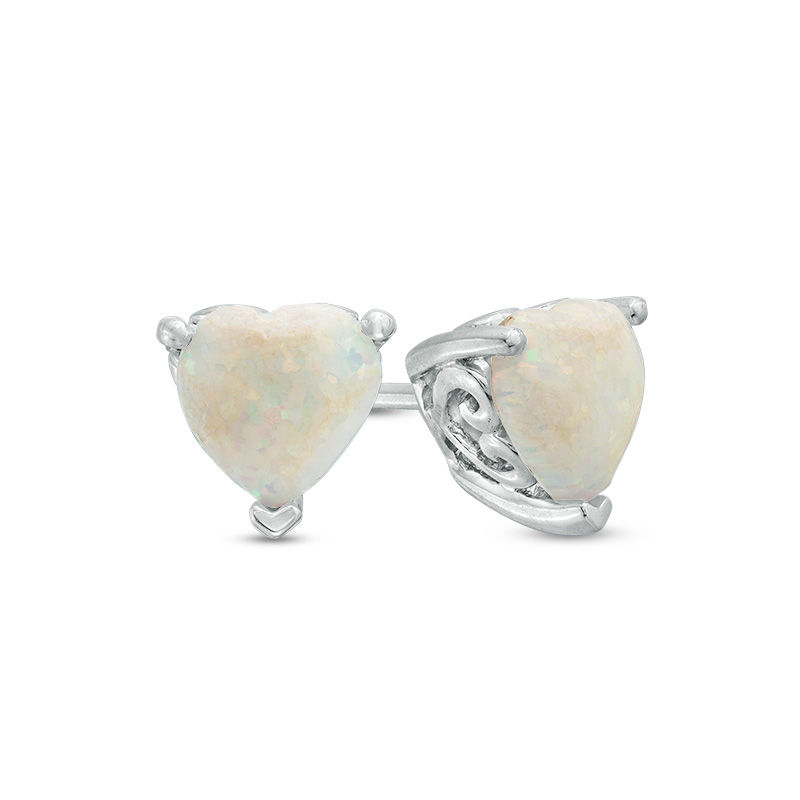 6.0mm Heart-Shaped Lab-Created Opal Solitaire with Scroll Side Accents Stud Earrings in Sterling Silver