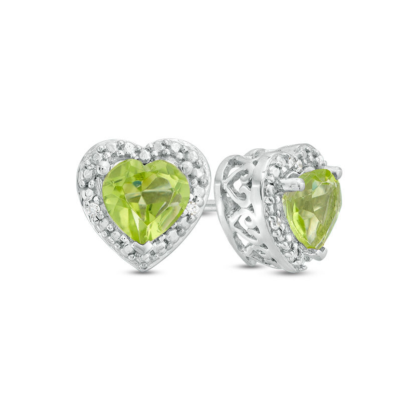 5.0mm Heart-Shaped Peridot and Diamond Accent Bead Frame Stud Earrings in Sterling Silver|Peoples Jewellers