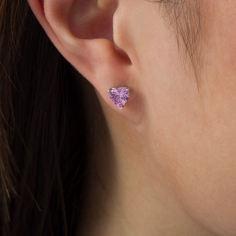 Main Image 2 of 6.0mm Heart-Shaped Lab-Created Pink Sapphire Solitaire with Scroll Side Accents Stud Earrings in Sterling Silver