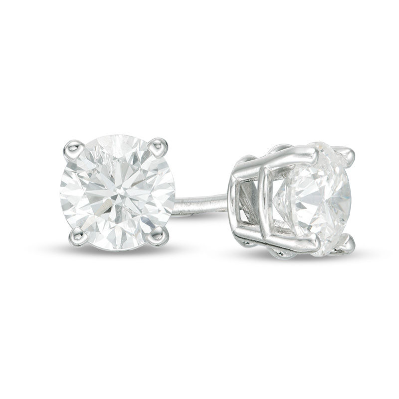 Main Image 1 of 0.90 CT. T.W. Certified Canadian Diamond Solitaire Stud Earrings in 10K White Gold (J/I2)