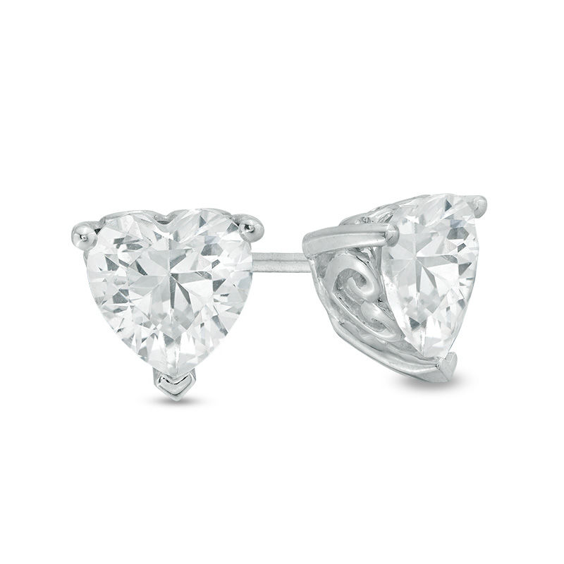 Main Image 1 of 6.0mm Heart-Shaped Lab-Created White Sapphire Solitaire with Scroll Side Accents Stud Earrings in Sterling Silver