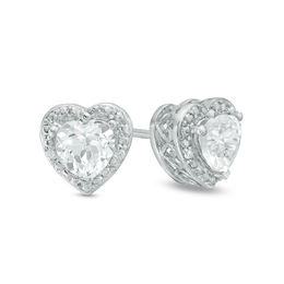 5.0mm Heart-Shaped Lab-Created White Sapphire and Diamond Accent Bead Frame Stud Earrings in Sterling Silver