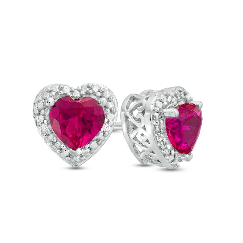 5.0mm Heart-Shaped Lab-Created Ruby and Diamond Accent Bead Frame Stud Earrings in Sterling Silver