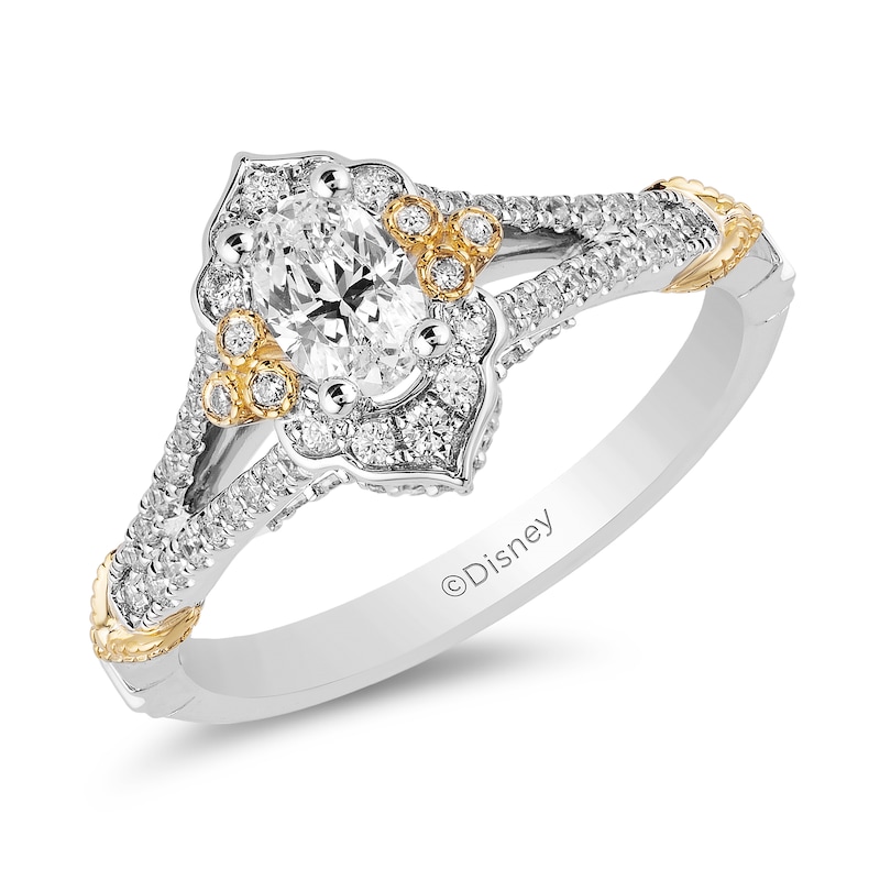 Enchanted Disney Jasmine 0.75 CT. T.W. Oval Diamond Frame Tri-Sides Vintage-Style Engagement Ring in 14K Two-Tone Gold