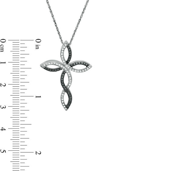 Enhanced Black and White Diamond Accent Twist Ribbon Cross Pendant in Sterling Silver