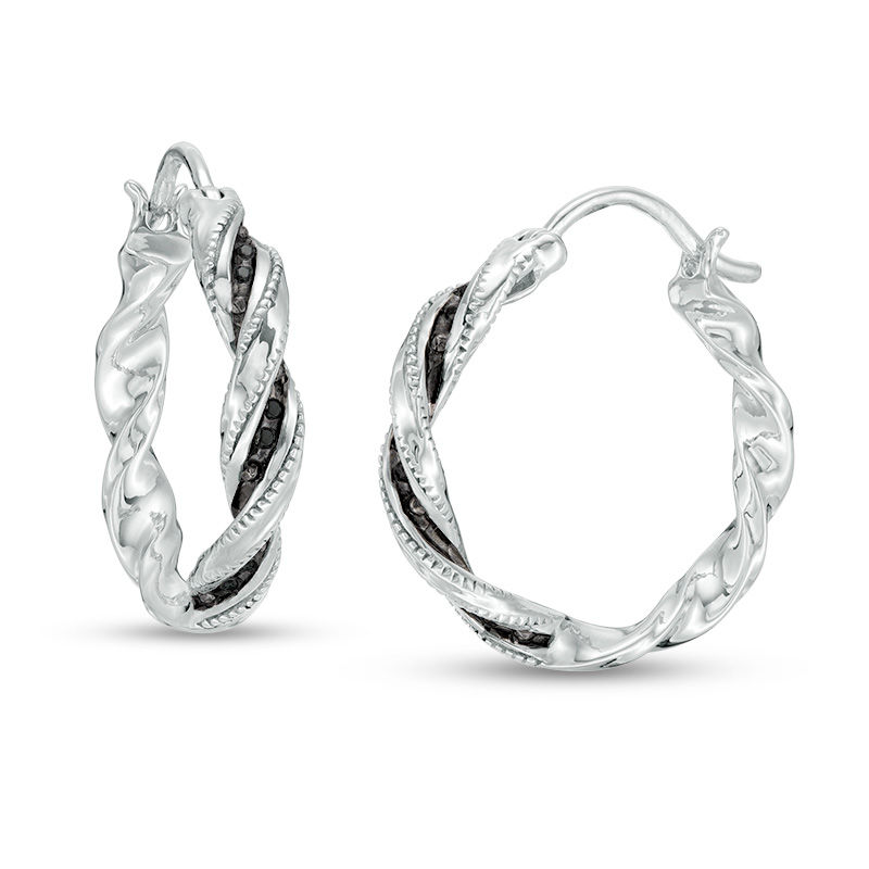 Black Diamond Accent Twist Ribbon Vintage-Style Hoop Earrings in Sterling Silver|Peoples Jewellers