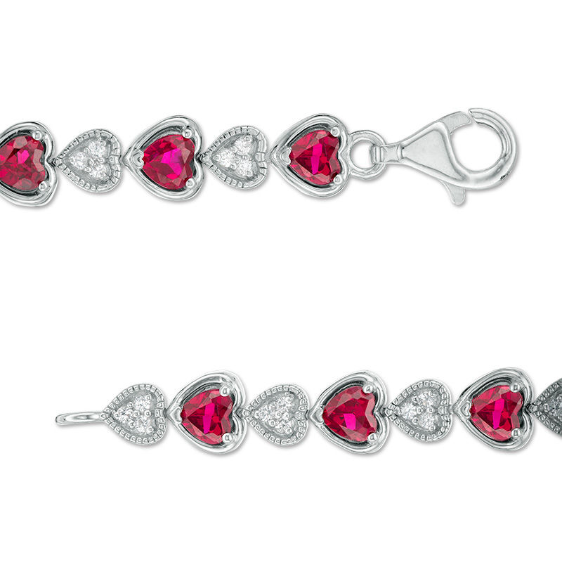 Main Image 2 of Alternating Heart-Shaped Lab-Created Ruby and White Sapphire Bracelet in Sterling Silver - 7.5"