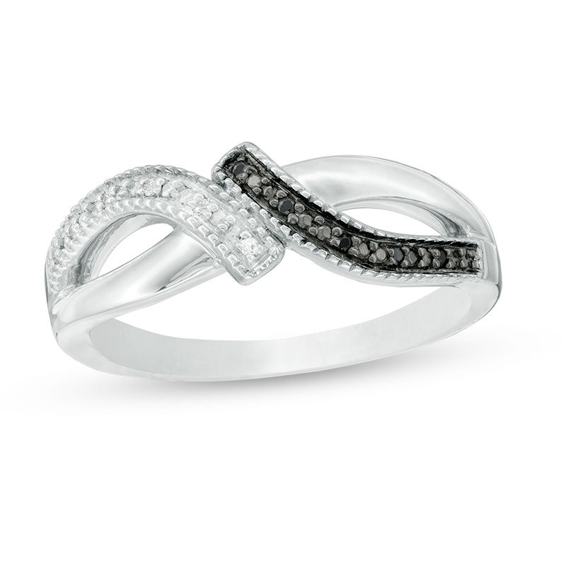 Enhanced Black and White Diamond Accent Bypass Vintage-Style Ring in Sterling Silver