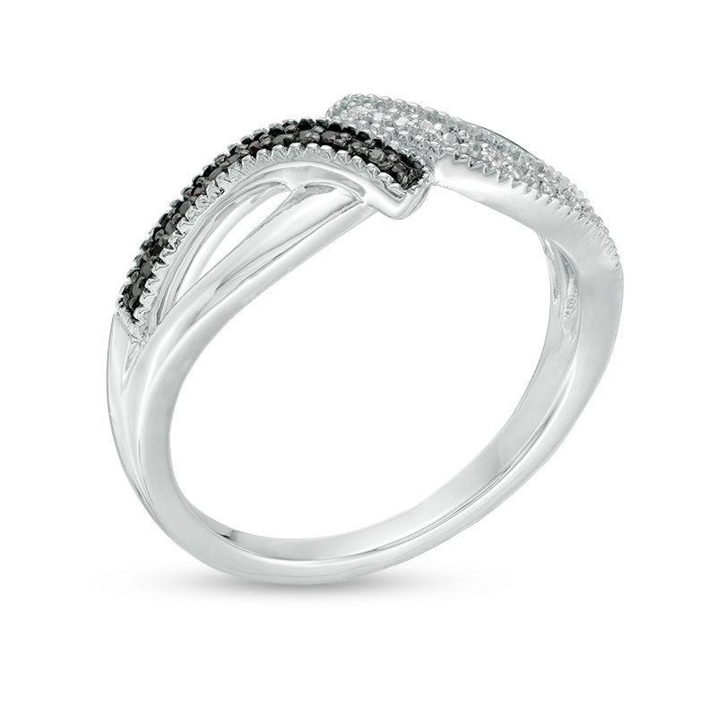 Enhanced Black and White Diamond Accent Bypass Vintage-Style Ring in Sterling Silver