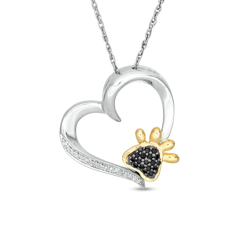0.115 CT. T.W. Enhanced Black and White Diamond Paw Print Heart Pendant in Sterling Silver and 10K Gold