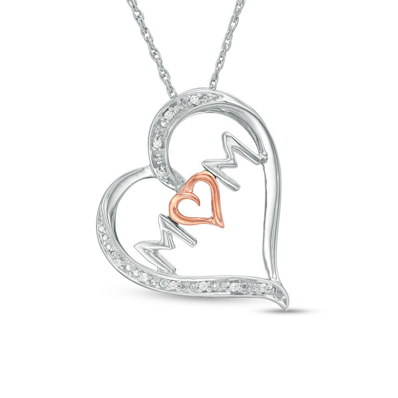 Diamond Accent "MOM" Tilted Heart Pendant in Sterling Silver and 10K Rose Gold