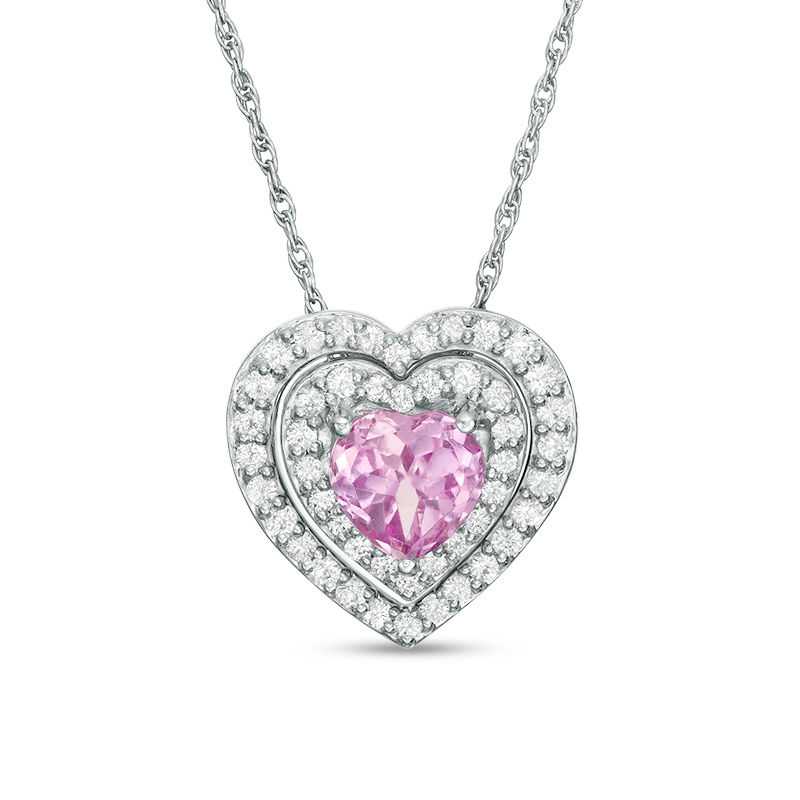 Lab-Created Pink and White Sapphire Double Frame Heart Pendant in Sterling Silver