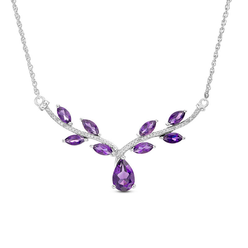 Amethyst and 0.11 CT. T.W. Diamond Chevron Vine Necklace in Sterling Silver