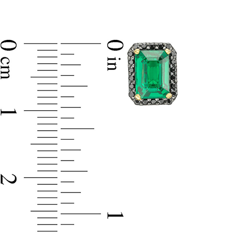 Main Image 3 of Emerald-Cut Lab-Created Emerald and 0.23 CT. T.W. Black Diamond Frame Stud Earrings in 10K Gold