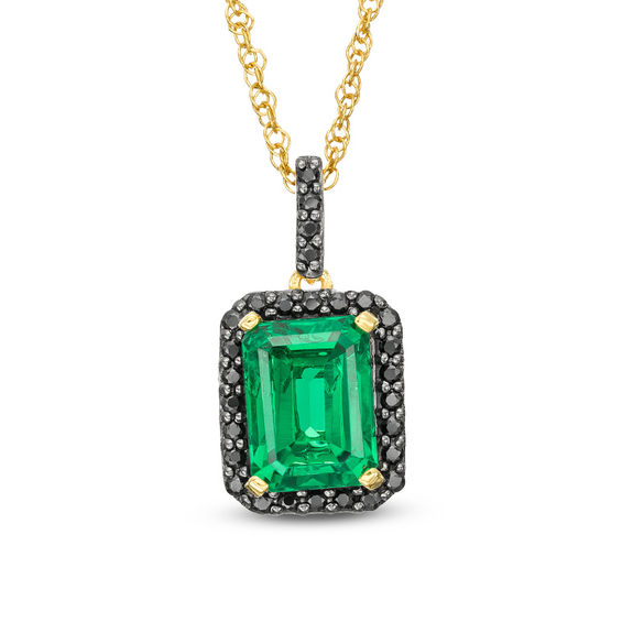 Emerald-Cut Lab-Created Emerald and 0.14 CT. T.W. Black Diamond Frame Pendant in 10K Gold
