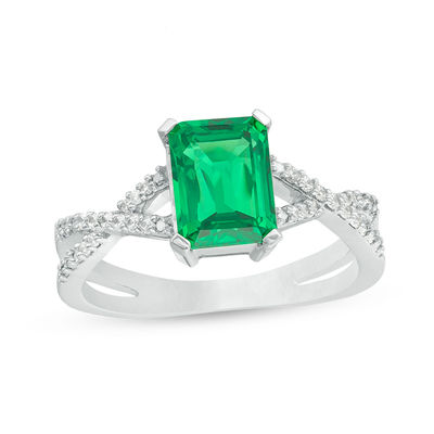 Emerald-Cut Lab-Created Emerald and 0.085 CT. T.W. Diamond Criss-Cross Split Shank Ring in 10K White Gold
