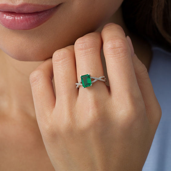 Emerald-Cut Lab-Created Emerald and 0.085 CT. T.W. Diamond Criss-Cross Split Shank Ring in 10K White Gold