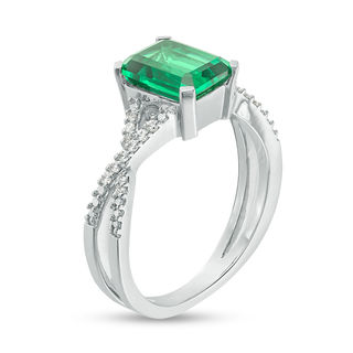 Emerald-Cut Lab-Created Emerald and 0.085 CT. T.W. Diamond Criss-Cross Split Shank Ring in 10K White Gold