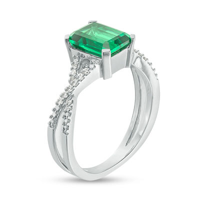 Emerald-Cut Lab-Created Emerald and 0.085 CT. T.W. Diamond Criss-Cross Split Shank Ring in 10K White Gold