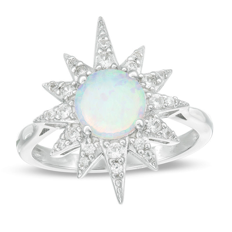 Lab-Created Opal and White Sapphire Starburst Frame Ring in Sterling Silver|Peoples Jewellers