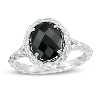 Oval Onyx Beaded Frame and Shank Ring in Sterling Silver