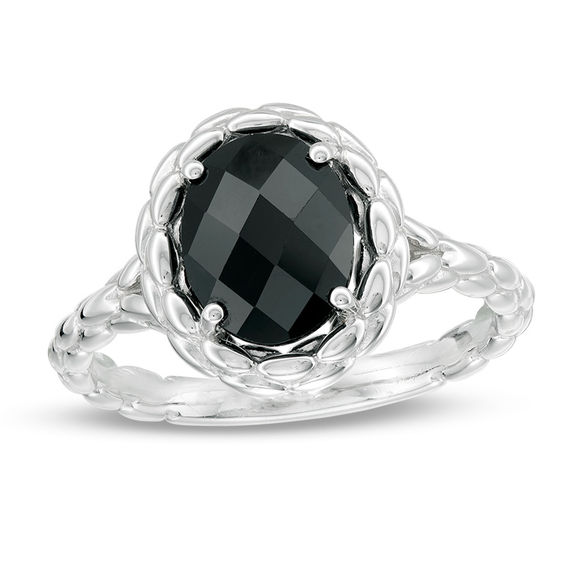 Oval Onyx Beaded Frame and Shank Ring in Sterling Silver