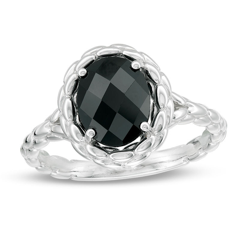 Oval Onyx Beaded Frame and Shank Ring in Sterling Silver|Peoples Jewellers