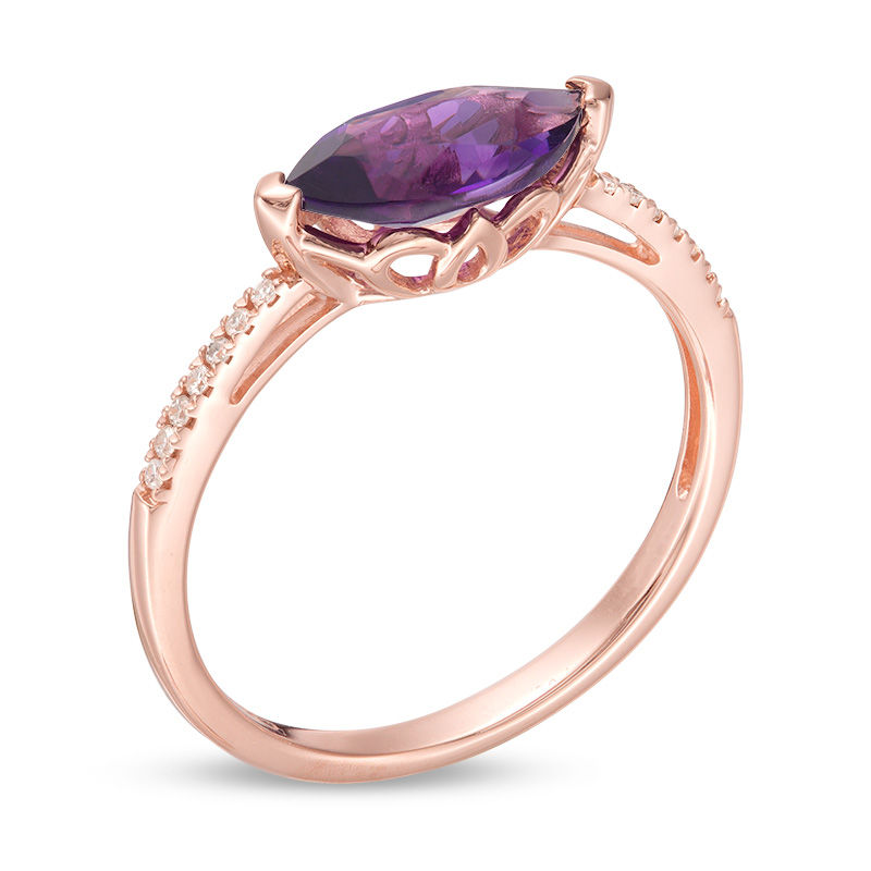 Main Image 2 of Sideways Marquise Amethyst and 0.04 CT. T.W. Diamond Ring in 10K Rose Gold