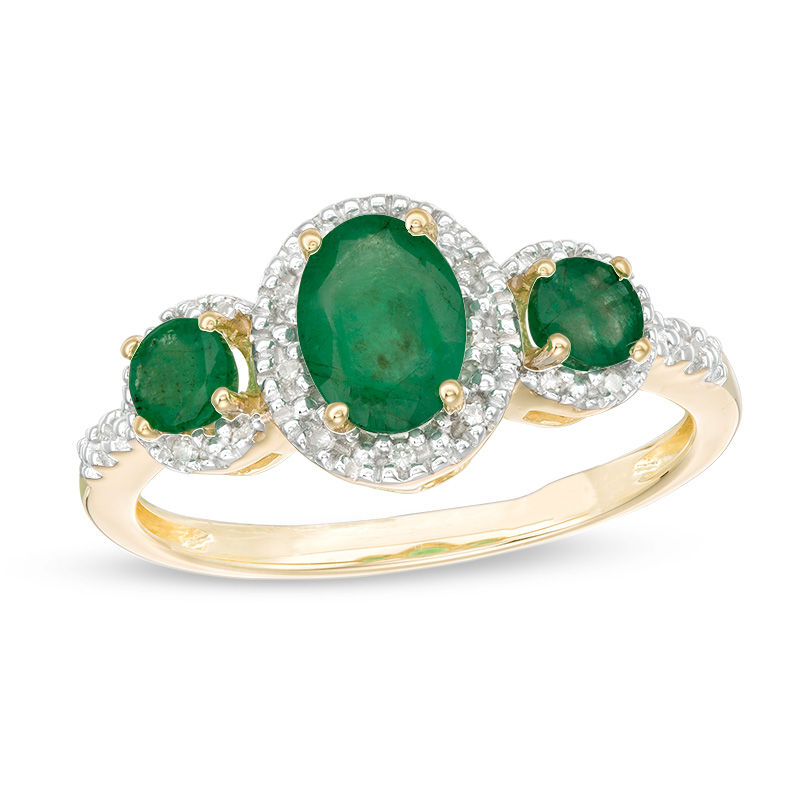 Oval Emerald and 0.04 CT. T.W. Diamond Three Stone Frame Ring in 10K Gold