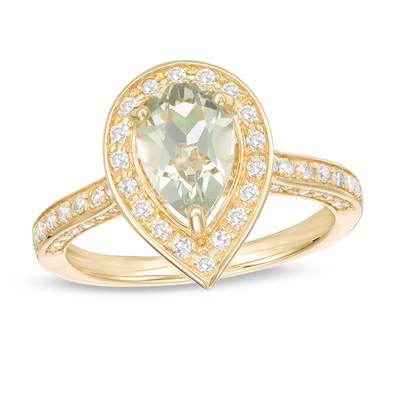 Pear-Shaped Green Quartz and 0.37 CT. T.W. Diamond Frame Ring in 10K Gold