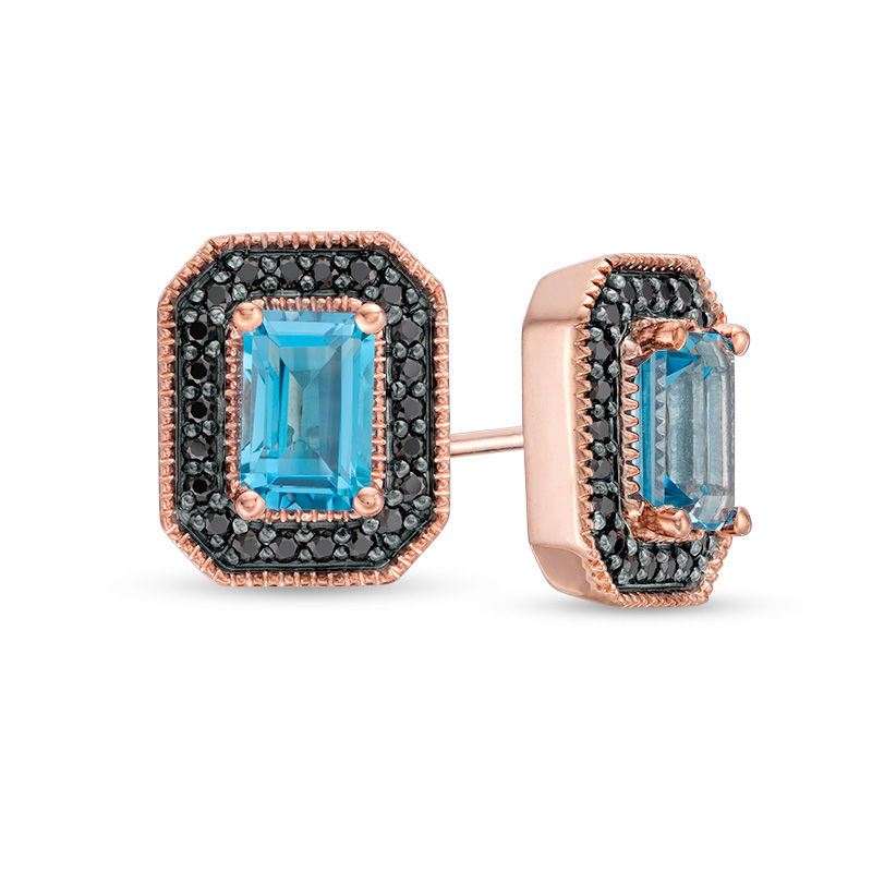 Emerald-Cut Blue Topaz and 0.23 CT. T.W. Black Diamond Frame Vintage-Style Stud Earrings in 10K Rose Gold