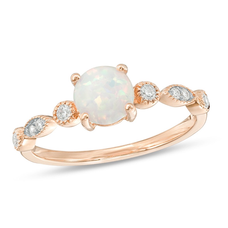 6.0mm Lab-Created Opal and 0.11 CT. T.W. Diamond Vintage-Style Ring in 10K Rose Gold