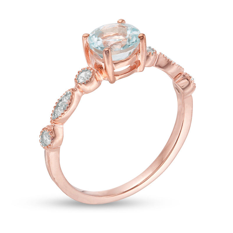 Main Image 2 of 6.0mm Aquamarine and 0.11 CT. T.W. Diamond Vintage-Style Ring in 10K Rose Gold