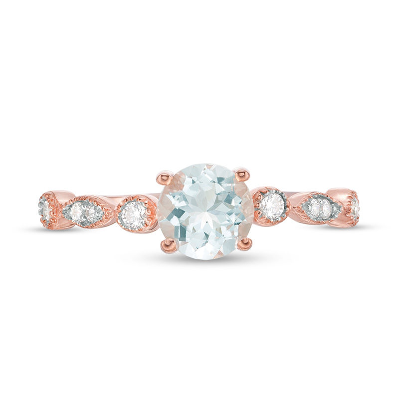 Main Image 3 of 6.0mm Aquamarine and 0.11 CT. T.W. Diamond Vintage-Style Ring in 10K Rose Gold