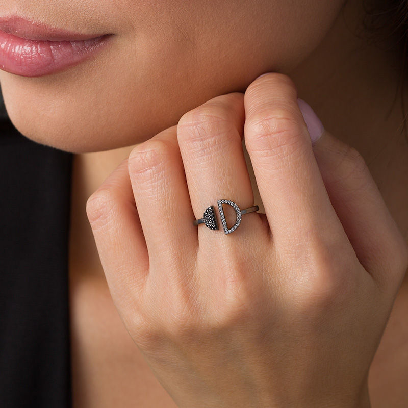 Main Image 2 of Black Spinel and 0.065 CT. T.W. Diamond Circle Open Shank Ring in Sterling Silver with Black Rhodium