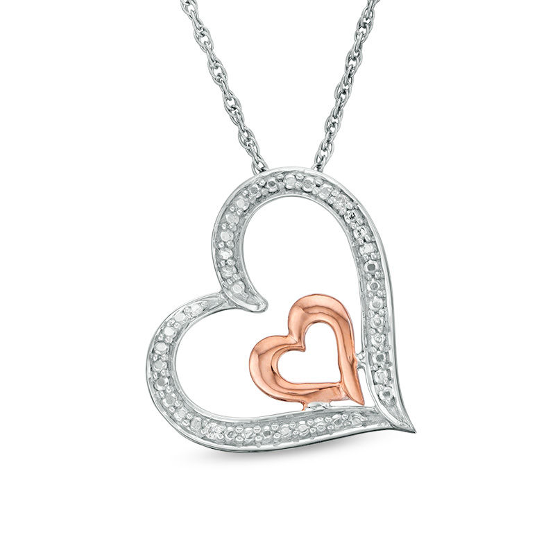Diamond Accent Tilted Double Heart Pendant in Sterling Silver and 10K Rose Gold