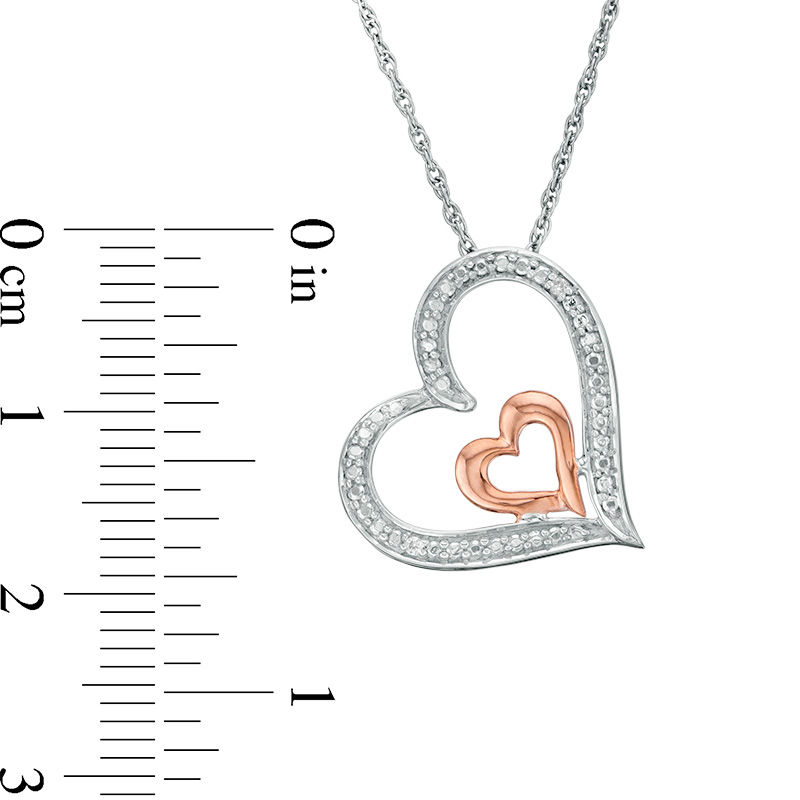 Diamond Accent Tilted Double Heart Pendant in Sterling Silver and 10K Rose Gold