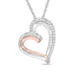 Diamond Accent Tilted Double Row Heart Pendant in Sterling Silver and 10K Rose Gold