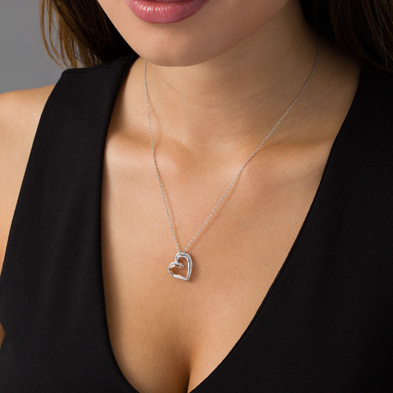 Diamond Accent Tilted Double Row Heart Pendant in Sterling Silver and 10K Rose Gold