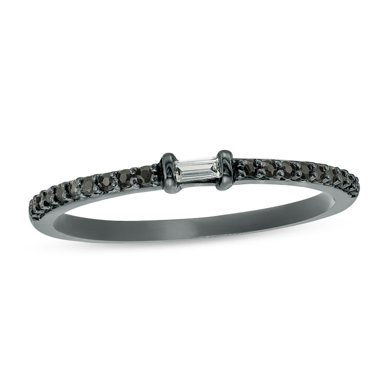 Black Spinel and Baguette Diamond Accent Stack Ring in Sterling Silver with Black Rhodium|Peoples Jewellers