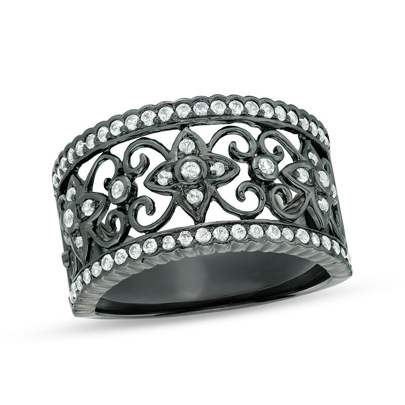 Lab-Created White Sapphire Ornate Scroll and Flowers Ring in Sterling Silver with Black Rhodium|Peoples Jewellers