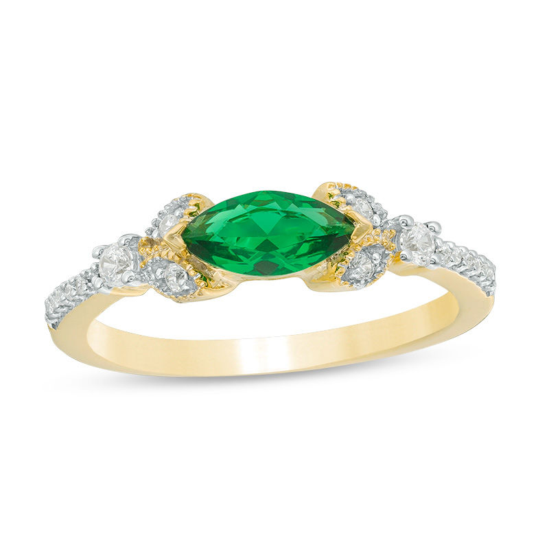 Sideways Marquise Lab-Created Emerald and 0.11 CT. T.W. Diamond Petals Ring in 10K Gold
