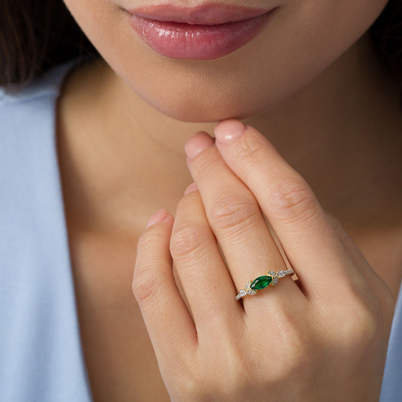 Main Image 2 of Sideways Marquise Lab-Created Emerald and 0.11 CT. T.W. Diamond Petals Ring in 10K Gold