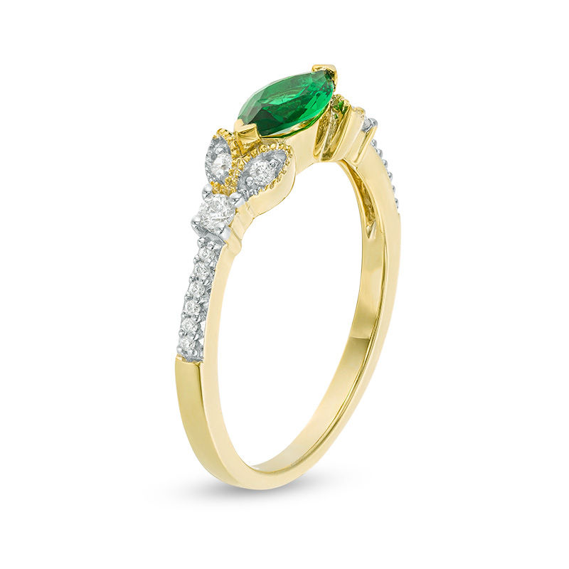 Main Image 3 of Sideways Marquise Lab-Created Emerald and 0.11 CT. T.W. Diamond Petals Ring in 10K Gold