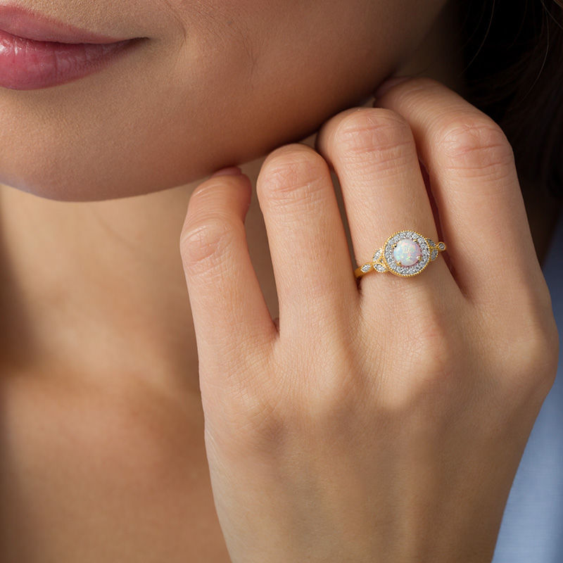 Main Image 2 of 5.5mm Lab-Created Opal and 0.14 CT. T.W. Diamond Frame Vintage-Style Ring in 10K Gold