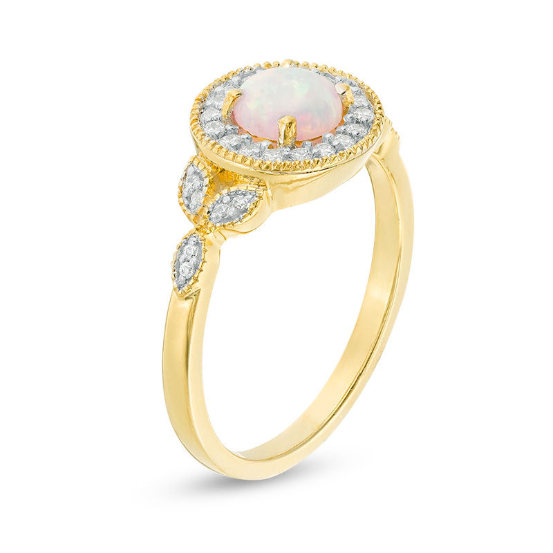 Main Image 3 of 5.5mm Lab-Created Opal and 0.14 CT. T.W. Diamond Frame Vintage-Style Ring in 10K Gold