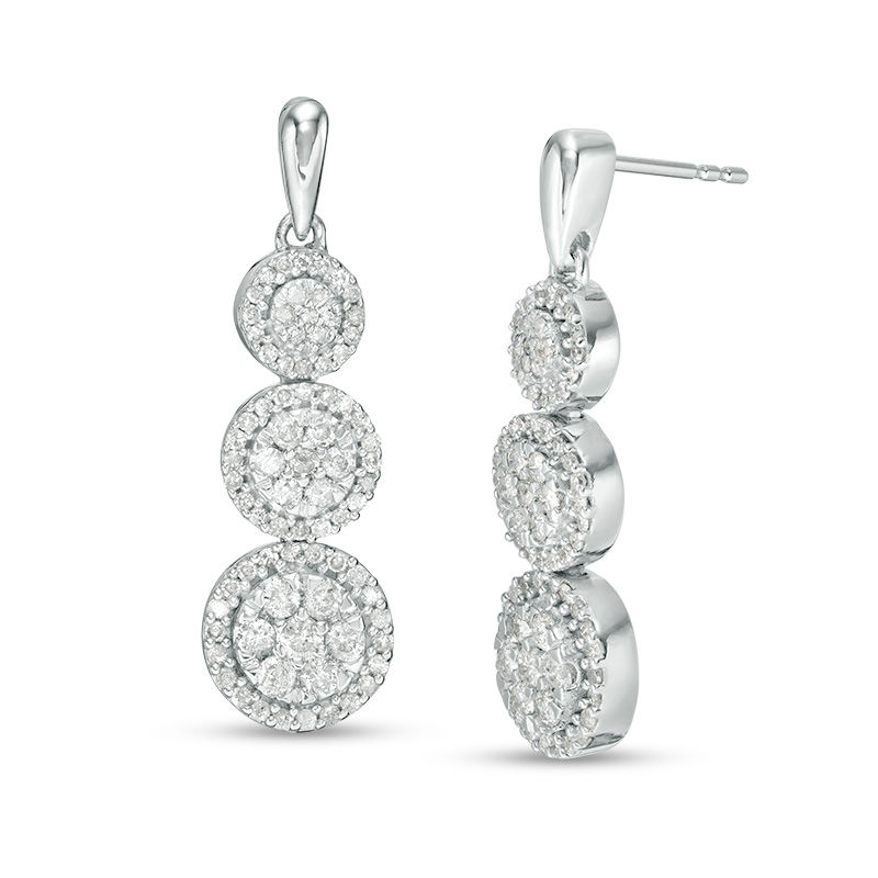 0.95 CT. T.W. Composite Diamond Frame Three-Stone Drop Earrings in 10K White Gold