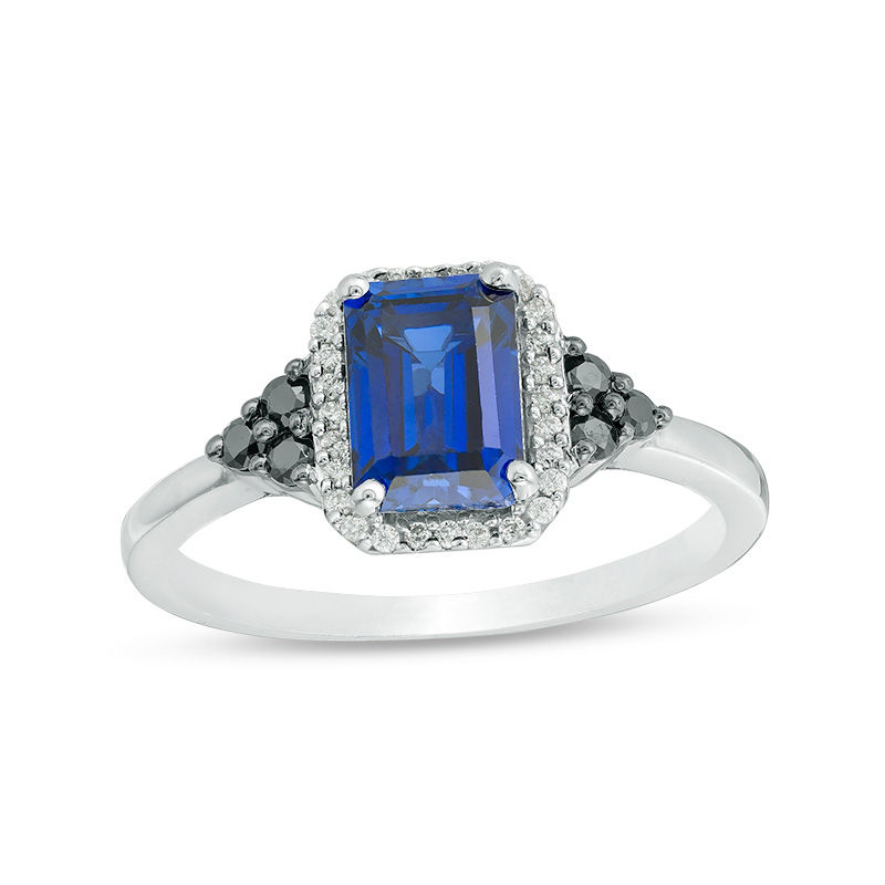 Lab-Created Blue Sapphire and 0.18 CT. T.W. Enhanced Black and White Diamond Frame Tri-Sides Ring in Sterling Silver