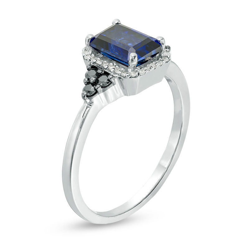 Lab-Created Blue Sapphire and 0.18 CT. T.W. Enhanced Black and White Diamond Frame Tri-Sides Ring in Sterling Silver